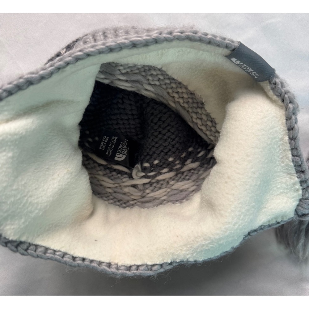 The North Face Grey Ombre Knit Trapper Hat Fleece Lined Braided Tassels Beanie - Picture 4 of 6